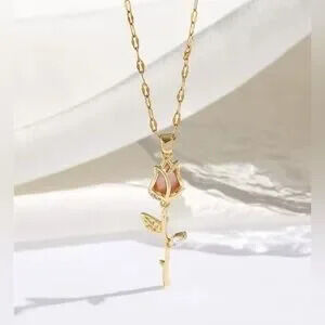 18K Gold Rose Jade Flower Long Stem Pave Diamond Accent Diamond Leaf Necklace